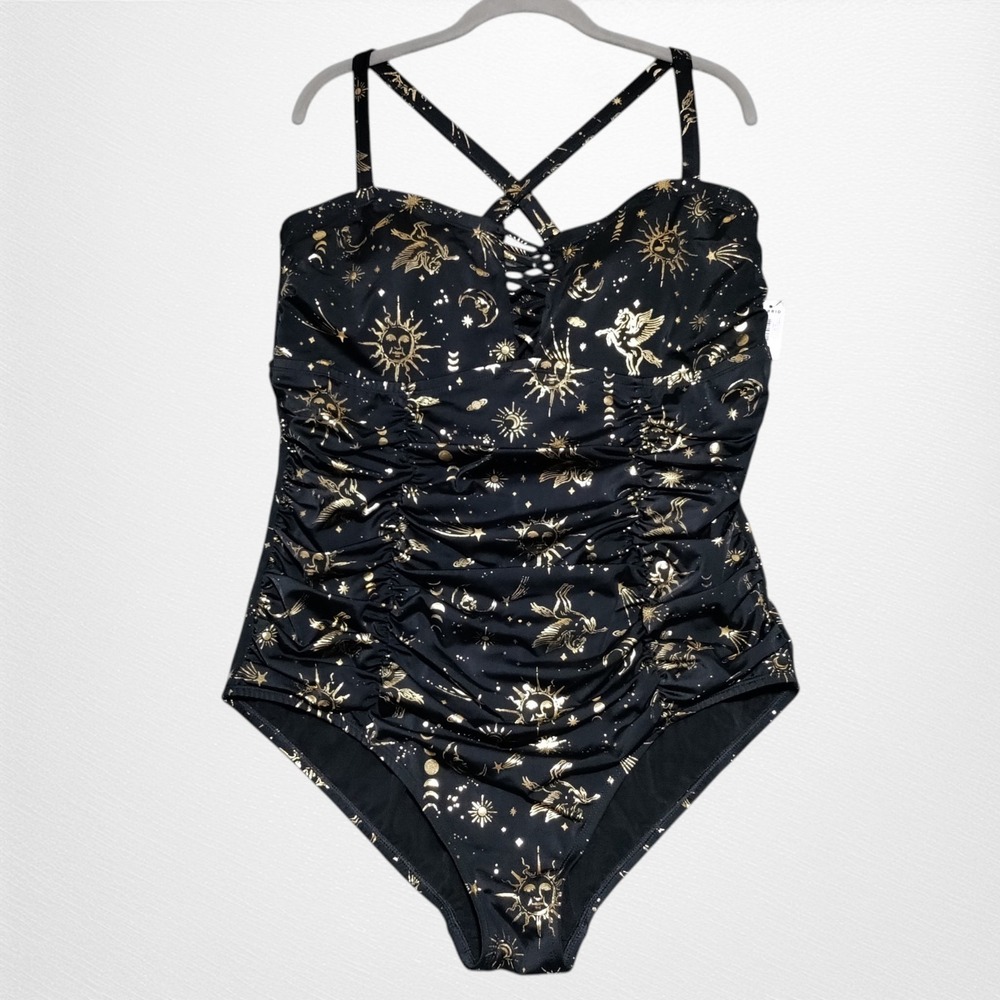 Torrid Size 2 Slim Fix Wireless Lattice Front Womens One-Piece Swimsuit Black